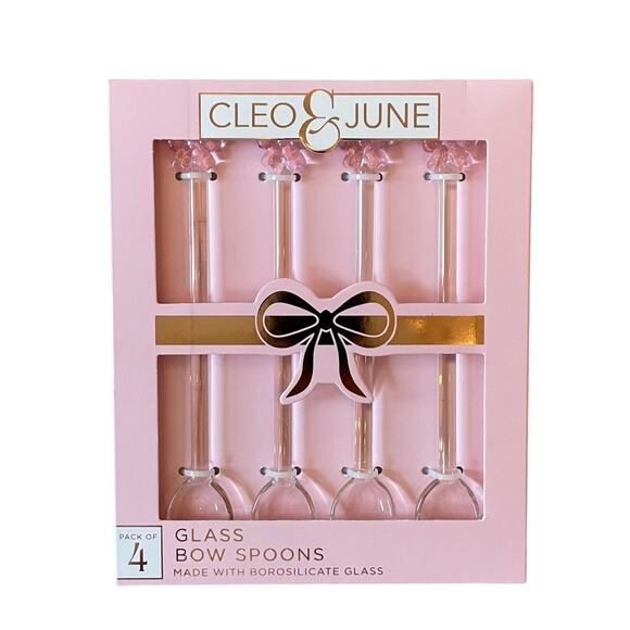 Cleo & June Glass Pink Bow Spoons Set of 4 NEW - Picture 1 of 7